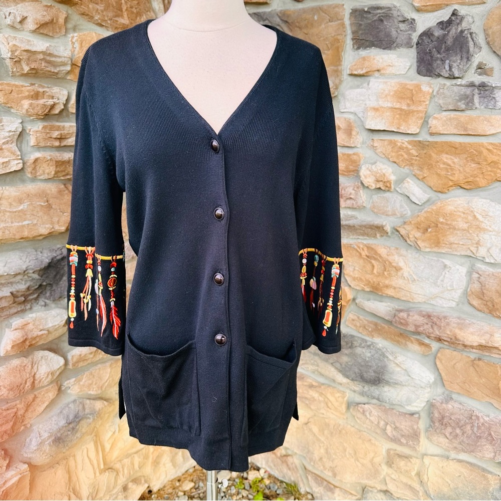 Bob Mackie Wearable Art Embroidered Sweater Cardigan Native American Feather